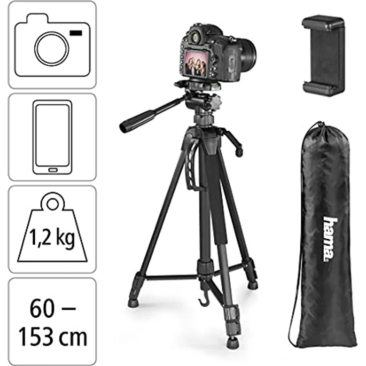 Hama Stativ Kamera Action 3D (Leichtes Fotostativ Inkl. Handy-Halterung, Dreibeinstativ mit 3 Wege Kopf, Spiegelreflexkamera Stativ passend für Videokamera), Schwarz, 153 cm – Bild 2