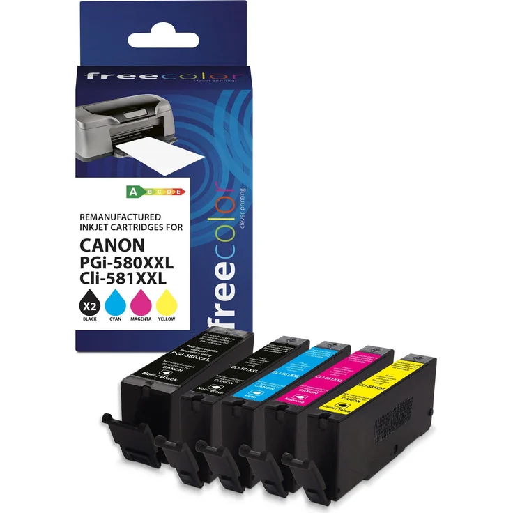 Freecolor Druckerpatrone Canon PGI-580XXL schwarz + CLI-581XXL BK/C/M/Y, 5er Set, wiederaufbereitet, hohe Tintenleistung