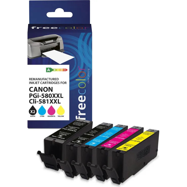 Freecolor Druckerpatrone Canon PGI-580XXL schwarz + CLI-581XXL BK/C/M/Y, 5er Set, wiederaufbereitet, hohe Tintenleistung