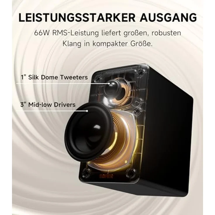 Edifier M60 Multimedia-Lautsprecher Bluetooth 5.3, 66W RMS, Hi-Res Audio & Hi-Res Wireless Audio, LDAC, 3" Mittelbass & 1" Hochtöner, USB-C & Aux-Eingänge, Kompakter Desktop Lautsprecher - Schwarz – Bild 3