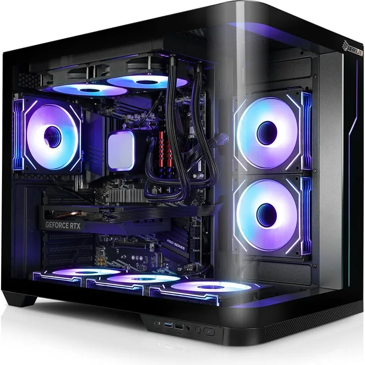 Kiebel Panorama Curve 12 (ATX), PC Gehäuse mit gebogener Glasseitenscheibe und 6 ARGB-Lüftern, Schwarz