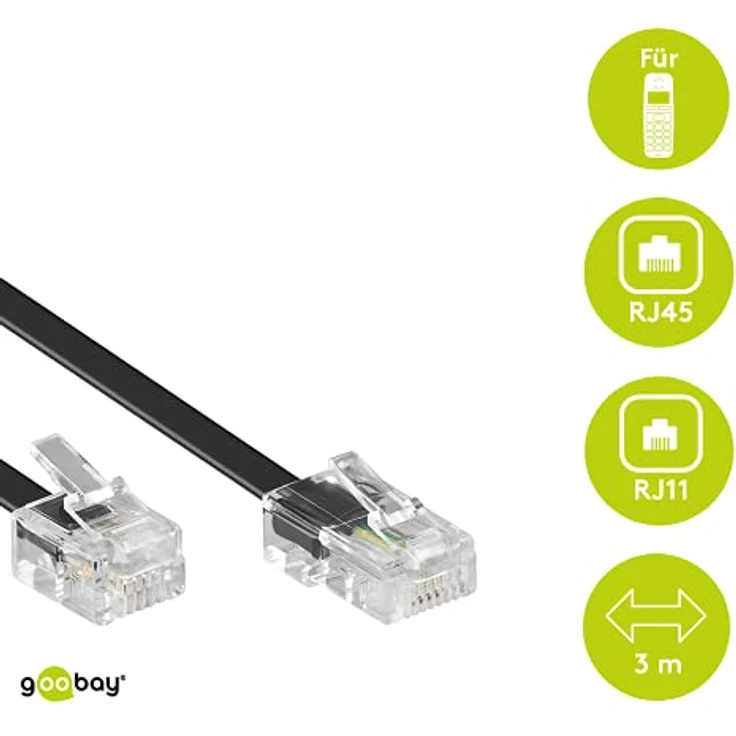 Goobay 68530 Telefonkabel RJ11 Stecker auf RJ45 Stecker Flachkabel RJ11 Kabel für Faxgerät DSL Modem VDSL Router Kabel ISDN DSL Kabel Schwarz 3m – Bild 2