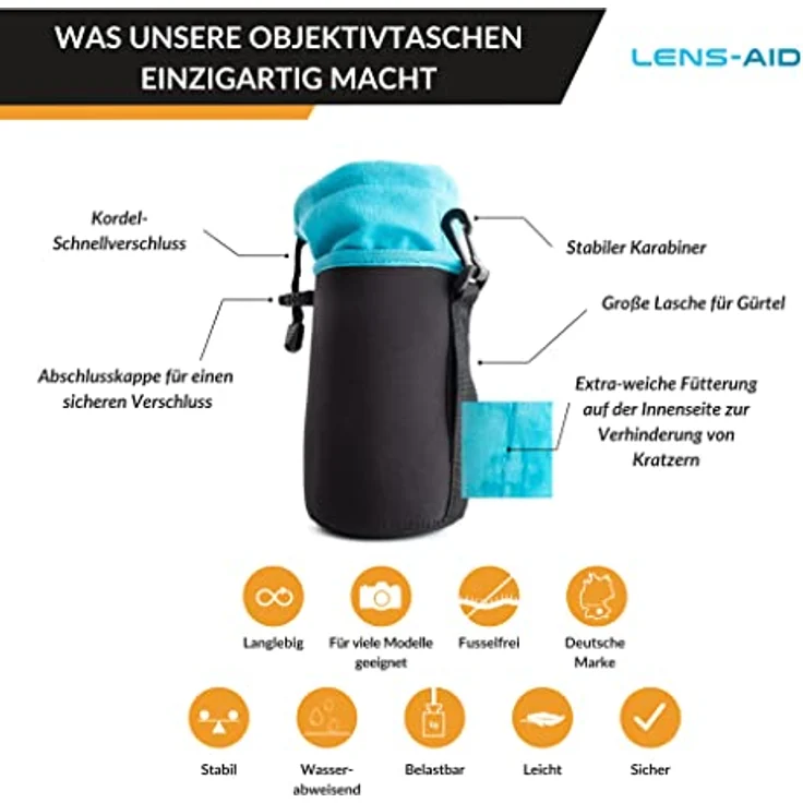 LENS-AID Neopren Objektivbeutel mit Fleece-Fütterung als Set oder einzeln Objektivtasche BZW. Köcher als Schutz für Objektiv, Blitz, Monitor, Kamera-Zubehör – Bild 3