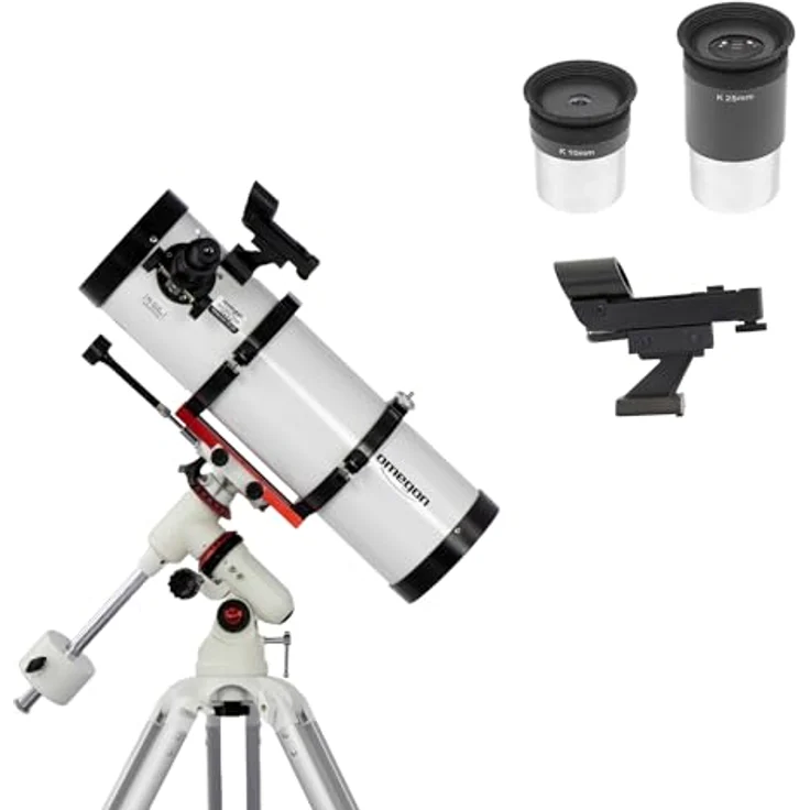 Omegon Teleskop Advanced 130/650 EQ-320, Einsteigerteleskop mit parabolischem Hauptspiegel und stabilem Stativ, LED-Sucher, inklusive zwei Okularen – Bild 1