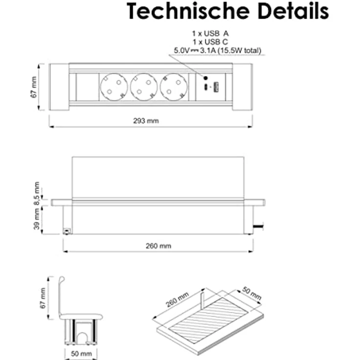 world-trading-net FLATBOX Tisch-Einbausteckdose 3-Fach mit USB-A & USB-C, flach, Aluminium/Kunststoff, 230V, 3600W, 1,8m Kabel, IP20 für Schreibtisch und Arbeitsplatte – Bild 5