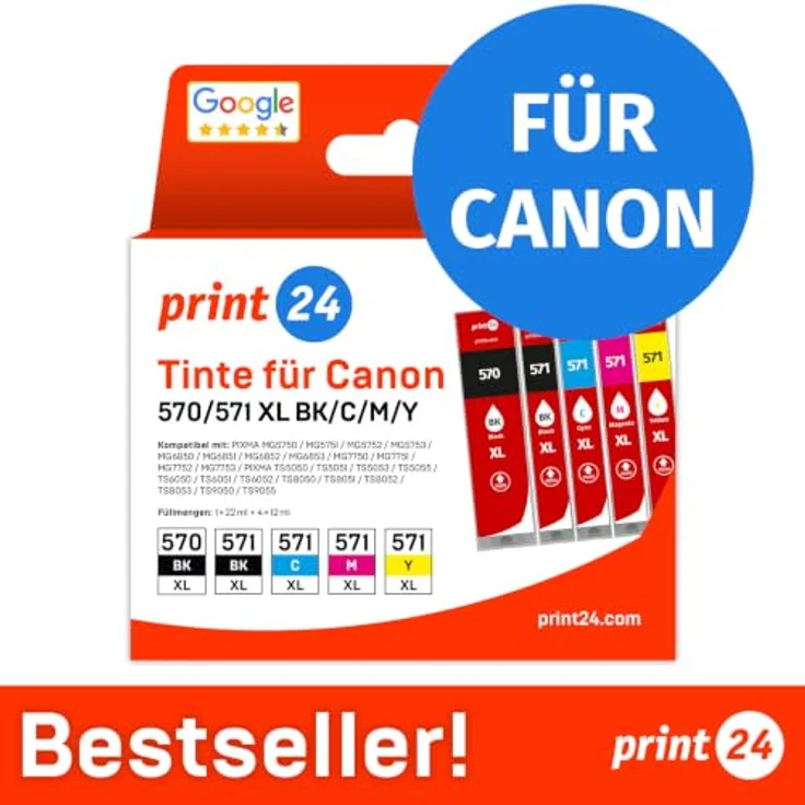 print24 Tintenpatrone PGI 570 XL / CLI 571 XL, Multipack mit 1x Schwarz (22 ml), 1x Schwarz (12 ml), 1x Cyan (12 ml), 1x Magenta (12 ml), 1x Gelb (12 ml) – Bild 2