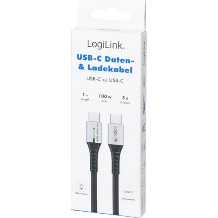 LogiLink CU0422 USB-C Kabel, 1m, 100W Power Delivery, Nylon-Mantel, Schwarz – Bild 6