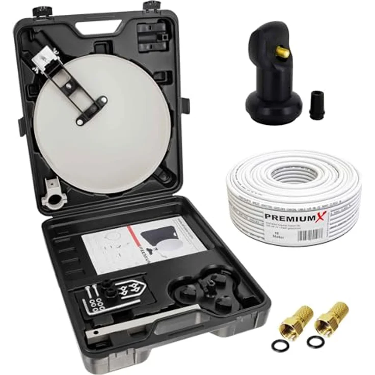 PremiumX Camping SAT Anlage, Single LNB mit 10m Kabel und 2x F-Stecker im transportablen Koffer – Bild 1