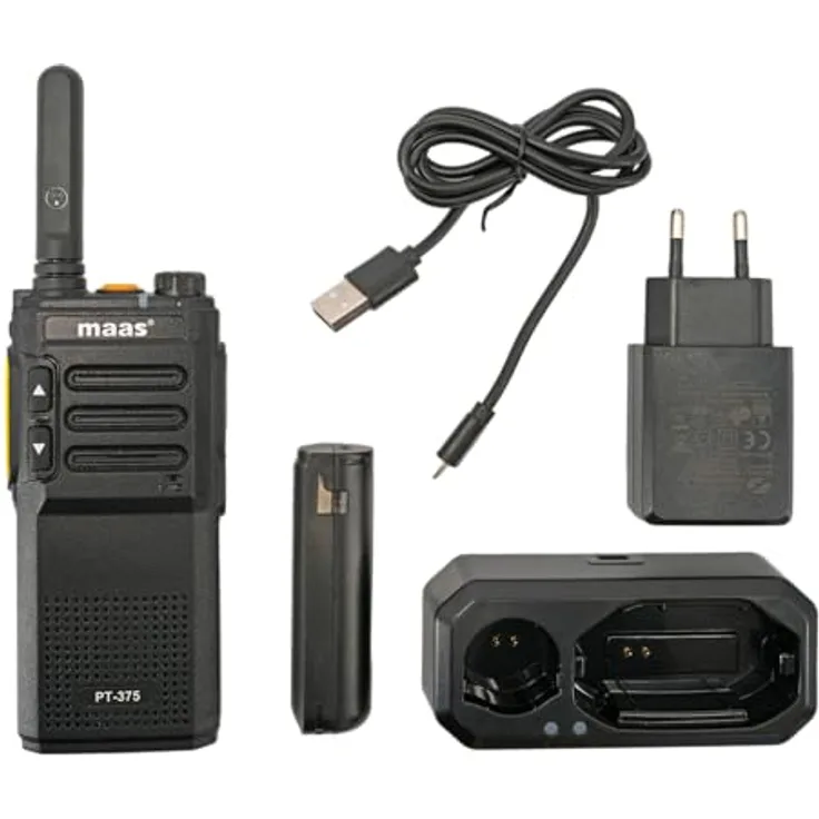 MAAS PT-375 PMR-446 Handfunkgerät, analoges mit 99 Kanälen, inkl. Akku und Standlader, USB-Ladefunktion, schlankes Design, kompatibel zu PMR446 Geräten