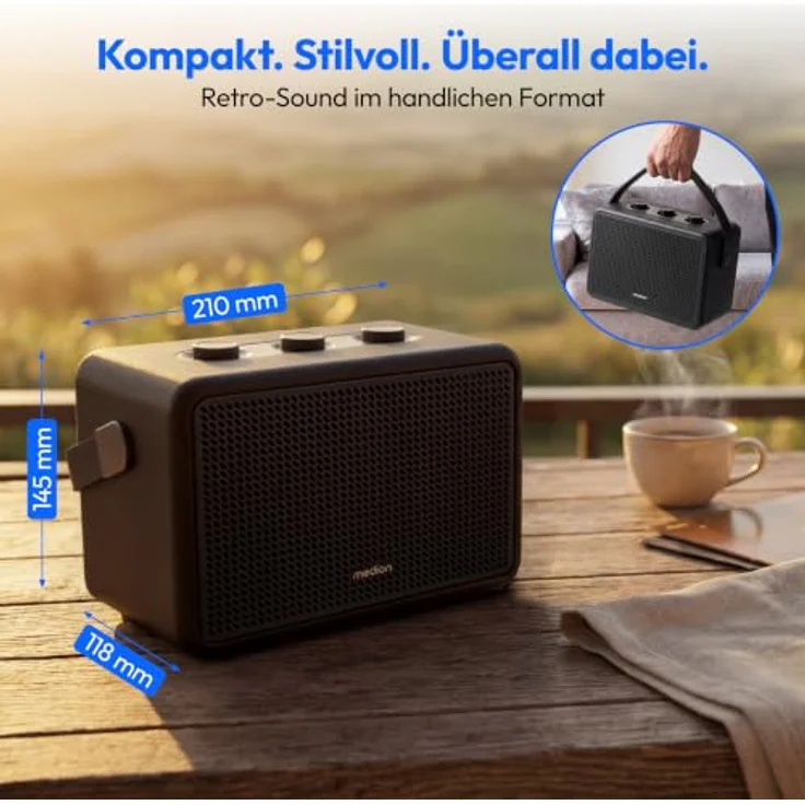 MEDION BXO-1 Bluetooth Lautsprecher, kraftvoller Sound im Retro-Design, 15 Stunden Akkulaufzeit, Bluetooth 5.3, IPX4, USB-C, schwarz – Bild 2