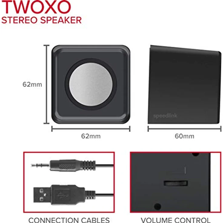 Speedlink TWOXO Stereo Speakers - USB Lautsprecher mit Stereo Sound und Klinkenstecker für Büro-Home Office (5W RMS Ausgangsleistung) für Gaming-Musik-PC-Notebook-Laptop, schwarz – Bild 5