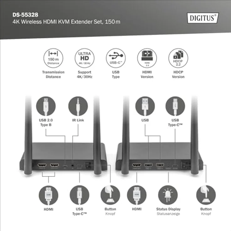 DIGITUS Wireless HDMI KVM Extender Set - Reichweite bis 150 m - UltraHD 4k/30Hz - Punkt-zu-Punkt - HDMI Loop Out - IR-Übertragung - schwarz – Bild 2