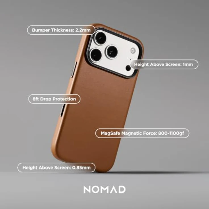 Nomad Traditional Leather Case für iPhone 18 Pro Max/17 Pro Max, englisches Tan, Vollnarbenleder, MagSafe- und Qi2-kompatibel, Glas-Camera-Control-Taste, eloxierte Aluminiumtasten – Bild 7