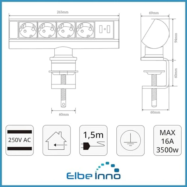 Elbe Inno Tischsteckdose T-Form mit 4 Steckdosen & 2 USB-A, Hochwertige Aluminiumsteckdosenleiste in schwarz-grau für Arbeitsplatte – Bild 5
