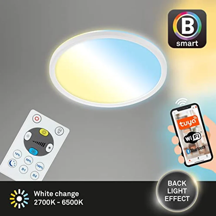 BRILONER Leuchten - Smarte LED Deckenleuchte, funktioniert mit Amazon Alexa, WiFi Lampe, Backlight-Effekt, Farbtemperatursteuerung, dimmbare Deckenlampe Fernbedienung, LED Panel, weiß, Ø29,3 cm – Bild 2