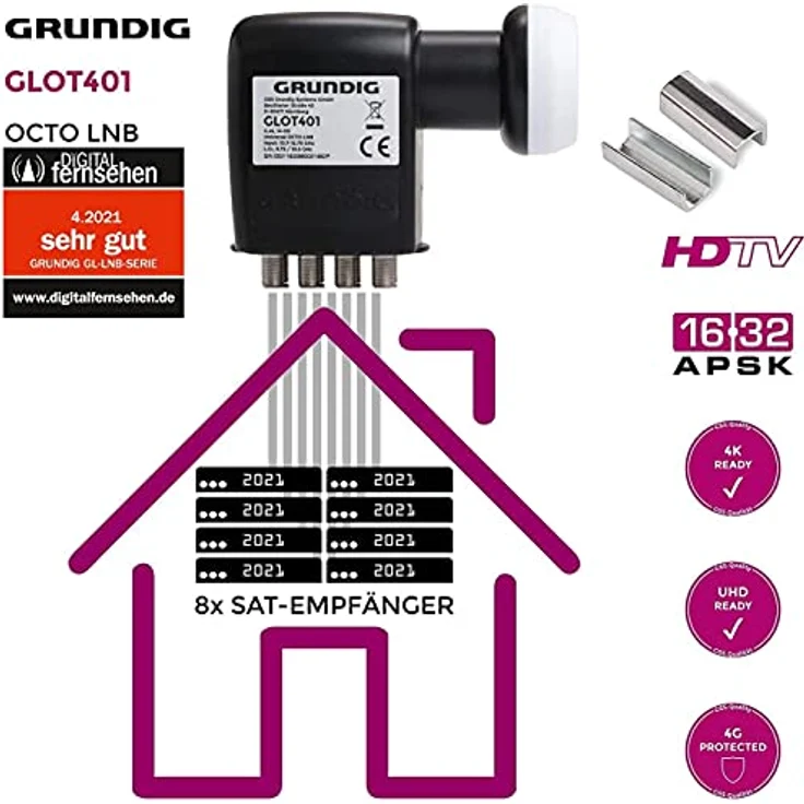 [Test SEHR GUT *] GSS Octo LNB für digital Satellitenschüssel, für 8 Teilnehmer, TV - 8fach, 8-Fach, mit LTE Filter - Sat, Full HD, 4K, 0.1dB, Wetterschutz, kälte- & hitzebeständig + Aufdrehhilfe – Bild 3