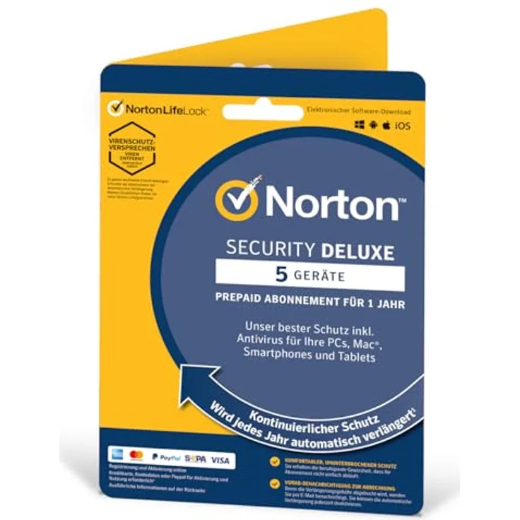Norton Security Deluxe 5 Geräte / 1 Jahr - 2023 / 2024 - Product Key Card - Inklusive Antiviren Software - für Windows, Mac, Android, iOS - Ohne ABO