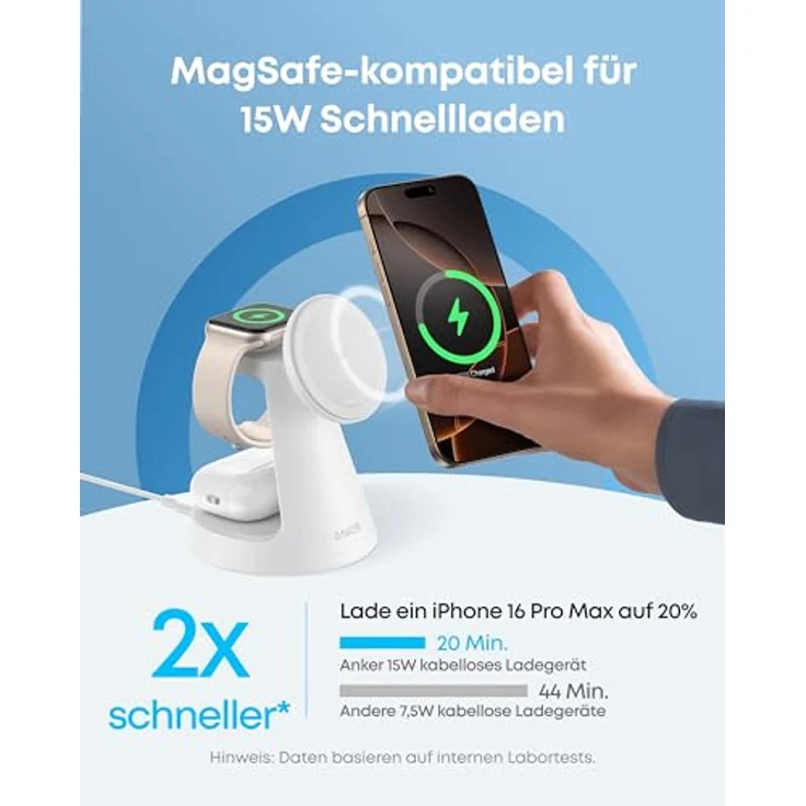 Anker MagGo 3-in-1 15W MagSafe kompatibles Ladegerät, iPhone Induktive Ladestation, Qi2-zertifiziert Wireless Charger für iPhone 16/15/14/13/12, Apple Watch, AirPods Pro (Adapter inkl.), Weiß – Bild 3