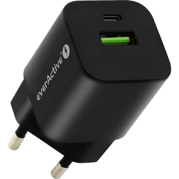 everActive GaN Netzladegerät mit USB QC3.0 und USB-C PD PPS Anschluß, schnelles Laden, Gesamtleistung 30W, solides, einteiliges Gehäuse, Modell SC-390QB