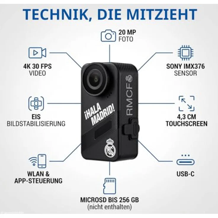 Real Madrid Action-Kamera 4K, Touchscreen, EIS, wasserfest, Sony Sensor, WLAN, 20 MP, MicroSD bis 256 GB, inkl. Fernbedienung – Bild 6