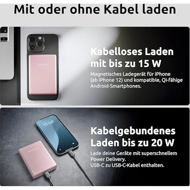 Intenso MW10000 Magnetische Powerbank 10000 mAh – MagSafe kompatibel, Wireless Charging 15W, USB-C PD 20W, geprüft in Deutschland – Rosé – Bild 2