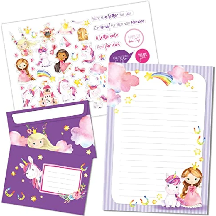 Papierdrachen Briefblock Set - 50 bunt bedruckte Briefbögen - Briefpapier mit Stickerbogen - 20 bedruckte Umschläge - Geschenkidee für Kinder - Einhorn – Bild 1