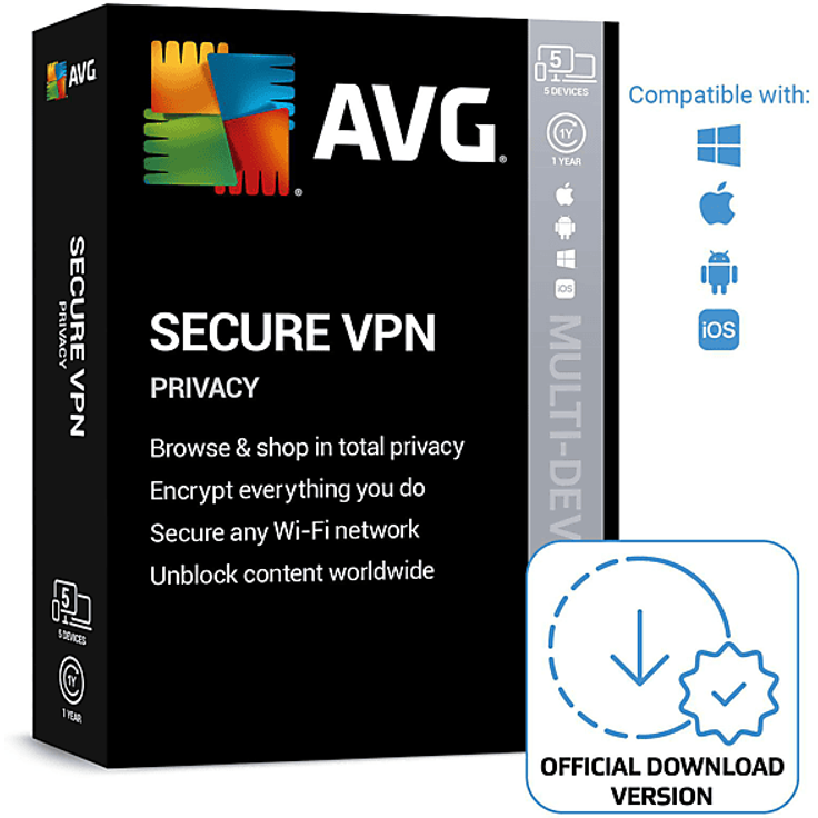 AVG Secure VPN, 5-Devices Lizenz für 1 Jahr, 256-Bit-AES-Verschlüsselung für PC/MAC