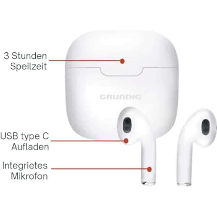 Grundig In Ear Bluetooth Kopfhörer, kabellose Earbuds mit 200 mAh und 3 Stunden Wiedergabezeit, inkl. Ladeetui und USB-C-Ladekabel – Bild 4