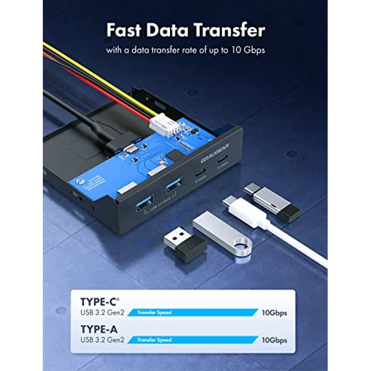 GRAUGEAR | 4 Anschlüsse 10Gbit/s Front-Panel | 2X USB-C+2X USB-A USB3.2 Gen2 HUB | Frontblende für 3,5-Zoll Schacht | USB3.2 Gen2 Key A 20-pin Header | Metall | G-MP02 – Bild 2
