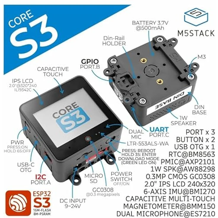 m5stack CoreS3 ESP32S3 IoT Dev Kit, 30-Megapixel-Kamera, kapazitiver Touchscreen, 6-Achsen-Lage-Sensor – Bild 4
