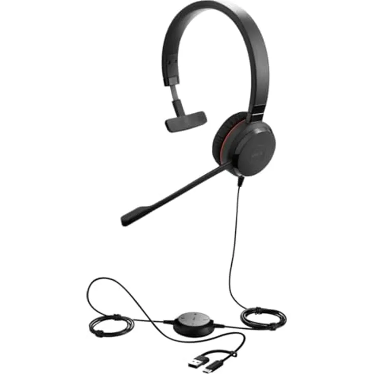 Jabra Evolve 30 II, Unified Communications zertifiziertes Mono-Headset mit Anrufsteuerung, Mikrofon mit Geräuschunterdrückung, LED-Anzeigen, hervorragende Klangqualität, USB-C/A, Schwarz