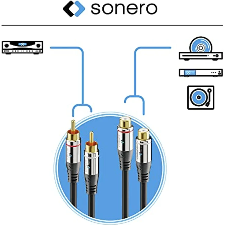Sonero 2x Cinch Stereo Verlängerung 0,5m, Premium Audio-Kabel mit vergoldeten Kontakten, schwarz – Bild 4