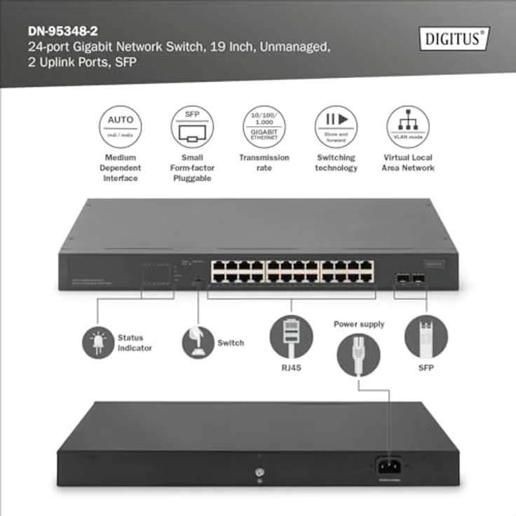 Digitus 24-Port Gigabit Netzwerkswitch, 19 Zoll, unmanaged,2 Uplink Ports, SFP (24 Ports), Netzwerk Switch, Grau – Bild 2