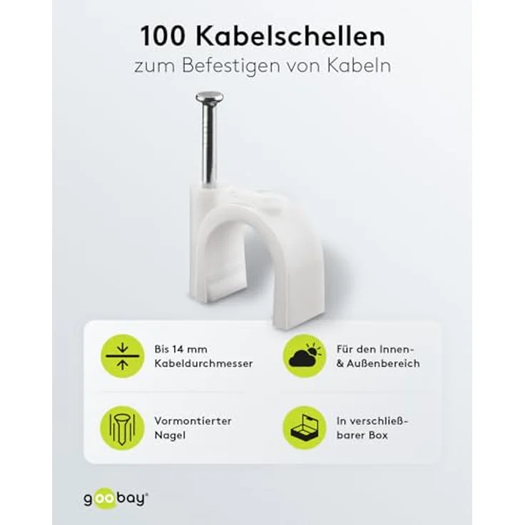 Goobay 17084 Kabelschelle für Kabel mit Kabeldurchmesser bis max. 14,0 mm weiß (100 Stück) – Bild 2