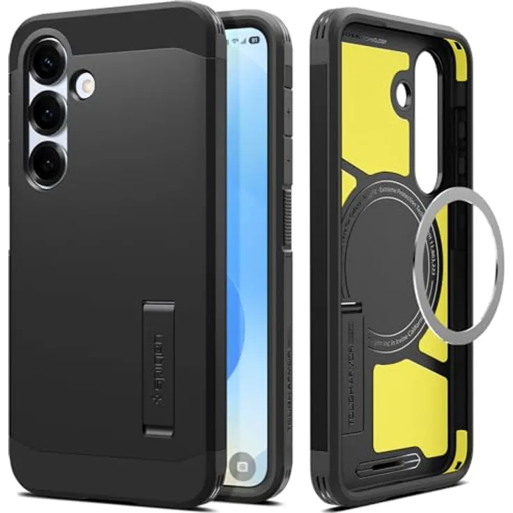 Spigen Tough Armor (AI) MagFit Hülle für Samsung Galaxy S25, Kompatibel mit MagSafe -Schwarz, Doppelschichtige Schutzhülle mit integriertem Kickstand