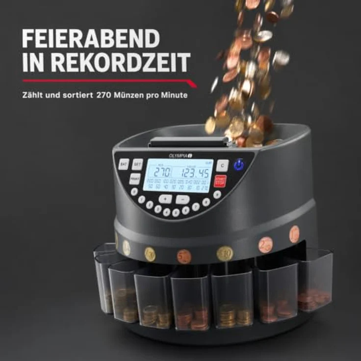 OLYMPIA Münzzähl- und Sortiermaschine CC 300, 600 Münzen in EUR, bis zu 270 Münzen pro Minute, LED-Display und Kundendisplay – Bild 7