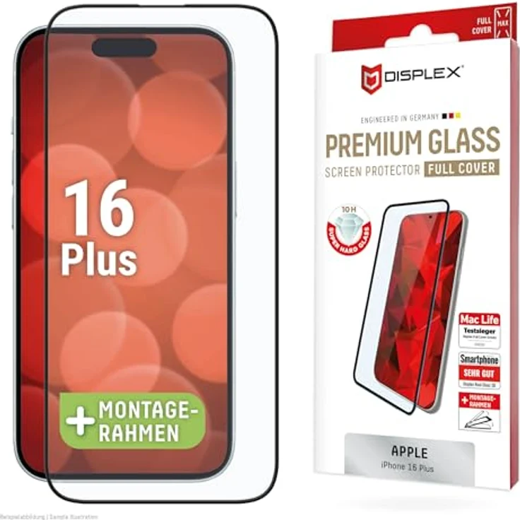 Displex Premium Panzerglas (Full Cover, 10H) für Apple iPhone 16 Plus, Montagerahmen, kratzer-resistente Schutzfolie, hüllenfreundlich - Displayabdeckung in voller Größe, Tempered Glas – Bild 1