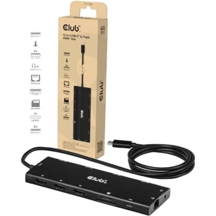 Club 3D CSV-2556, 12-in-1 USB-C auf Triple HDMI Hub mit DP2.1, PD3.0, 100W, 4K Unterstützung, 10Gbps USB 3.2, Schwarz – Bild 2