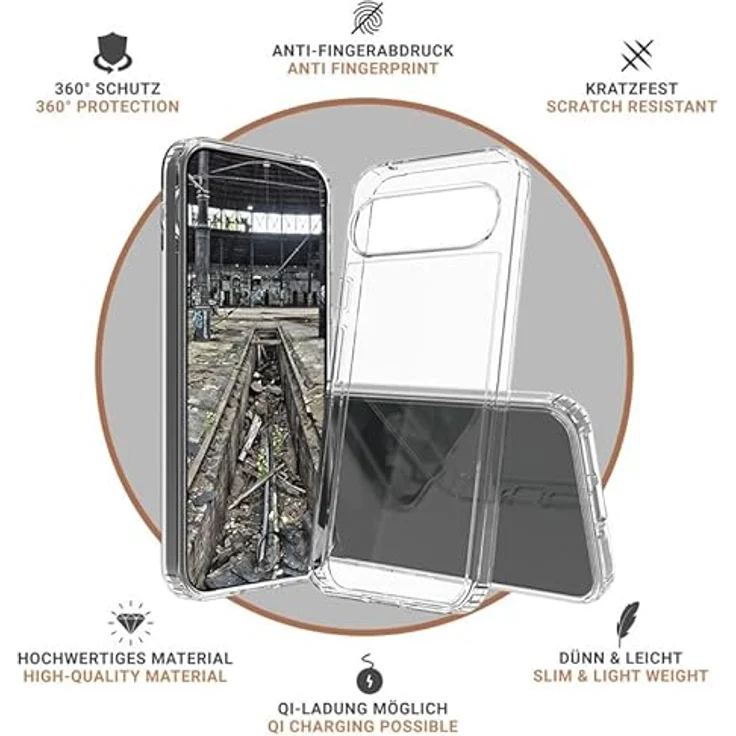 JT Berlin Pankow-Clear Schutzhülle für Google Pixel 9/9 Pro, transparent, Wireless-Charging kompatibel, stoßabsorbierender TPU Rahmen, kratzfeste Rückseite aus Acrylglas, anti-fingerabdruck. – Bild 5