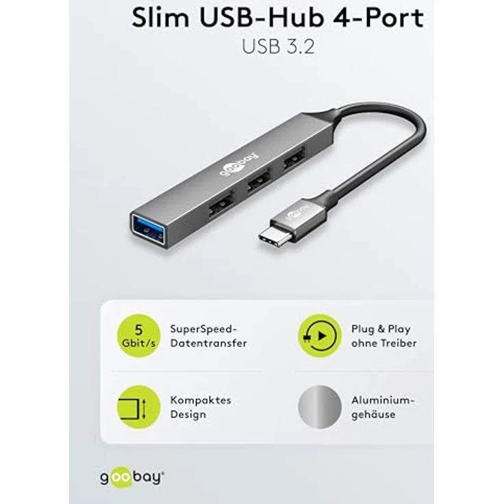 goobay 4-Port USB C 3.2 Hub Slim/USB Mehrfachstecker, USB Verteiler, USB Hub / 5 Gbits USB Splitter/Schlanker USB-C zu 4-Fach USB-A Multiport Adapter USB 3.0 Hub in robustem Aluminiumgehäuse, schwarz – Bild 2