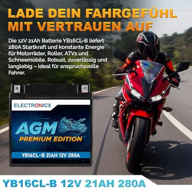 Electronicx YB16CL-B 12V 21Ah AGM Motorrad Batterie, Wartungsfrei, CB16CL-B kompatibel, Premium – Bild 2