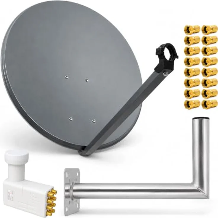 PremiumX Satellitenantenne PXS80, 80 cm Stahl Antenne mit Octo LNB 0,1dB, Anthrazit, inkl. stabiler Wandhalter 45 cm – Bild 1