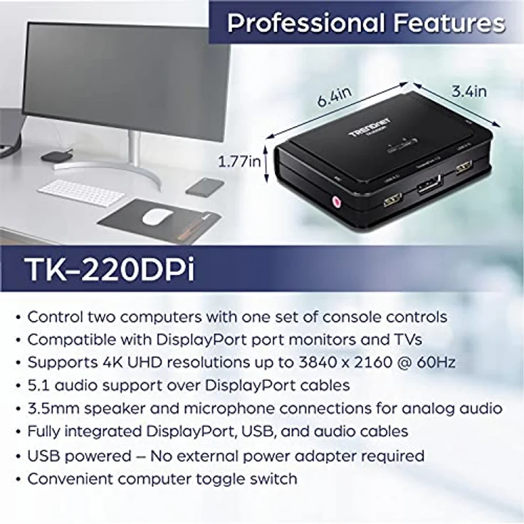 TRENDnet TK-220DPI 2-Port 4K DisplayPort 1.2 KVM-Switch mit Audio, 4K UHD (3840 x 2160@60Hz), 3,5-mm-Lautsprecher/Mikrofon, USB 2.0, integrierte Kabel, Schwarz – Bild 2