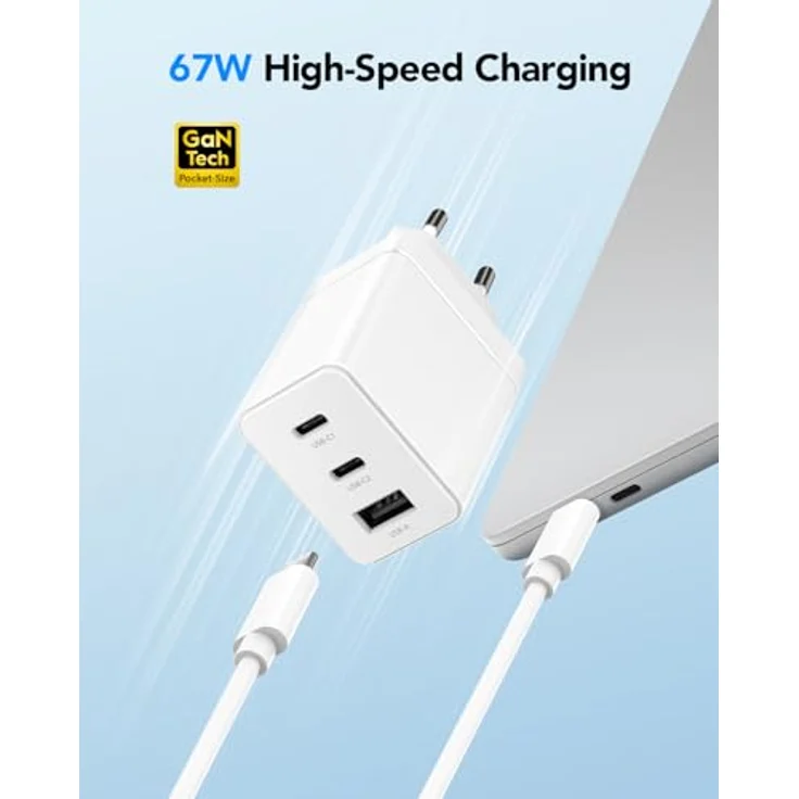 Cudy CH67, USB-C-Ladegerät 67 W, 3 Anschlüsse (2 Typ-C, 1 USB-A), Schnellladung QC/PD 3.0, kompaktes Design für iPhone, iPad, Samsung, Xiaomi, Oneplus, Sony – Bild 2