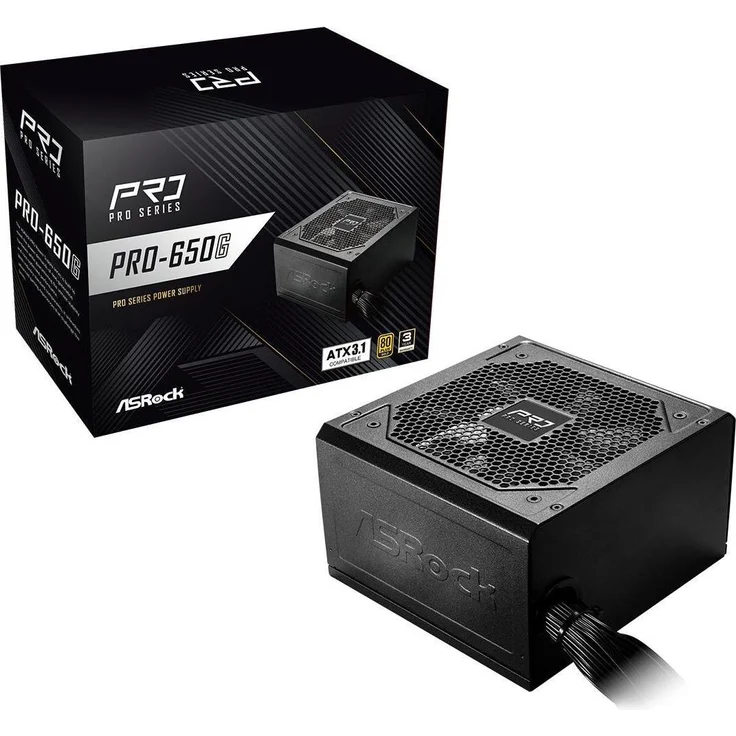 AsRock Pro Series PRO-650G, 650W ATX Netzteil mit 80 PLUS Gold-Zertifizierung, Schwarz, geräuscharmer 120 mm Lüfter, fixes Kabelmanagement