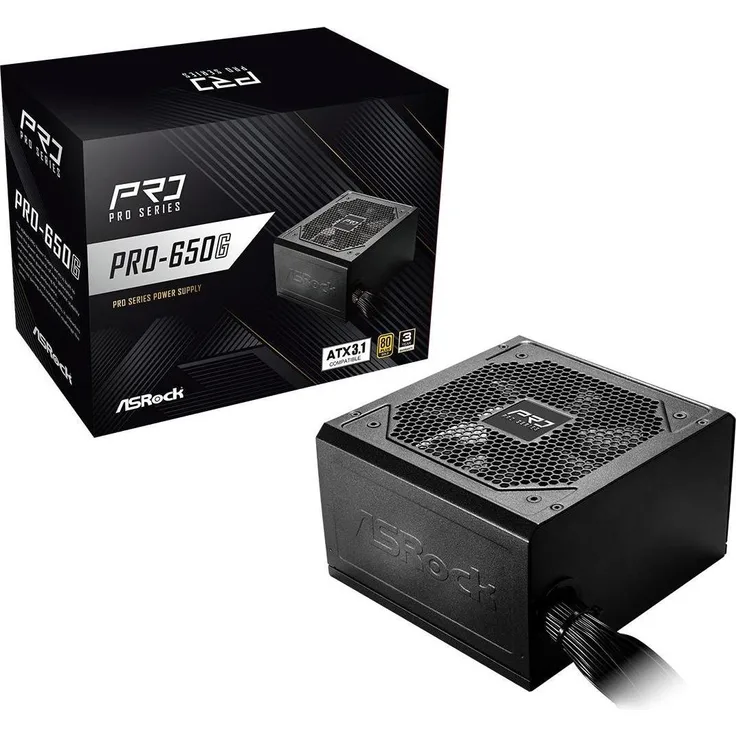 AsRock Pro Series PRO-650G, 650W ATX Netzteil mit 80 PLUS Gold-Zertifizierung, Schwarz, geräuscharmer 120 mm Lüfter, fixes Kabelmanagement