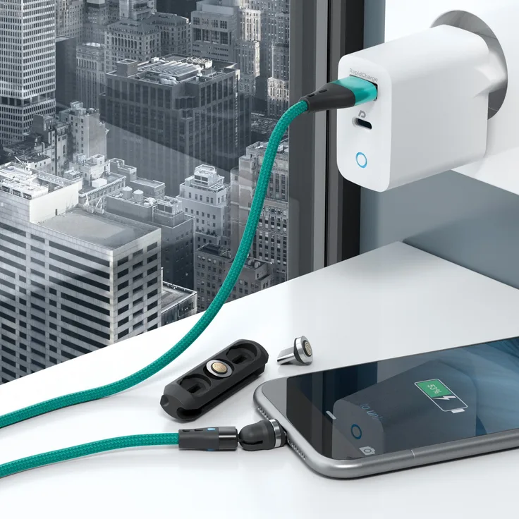RealPower Magnetisches USB-C-Kabel REALP-439636, 3 Ampere, 1m, grün mit Adaptern für Lade- und Datenübertragung