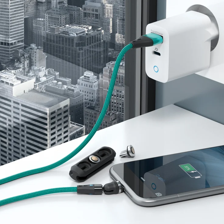 RealPower Magnetisches USB-C-Kabel REALP-439636, 3 Ampere, 1m, grün mit Adaptern für Lade- und Datenübertragung