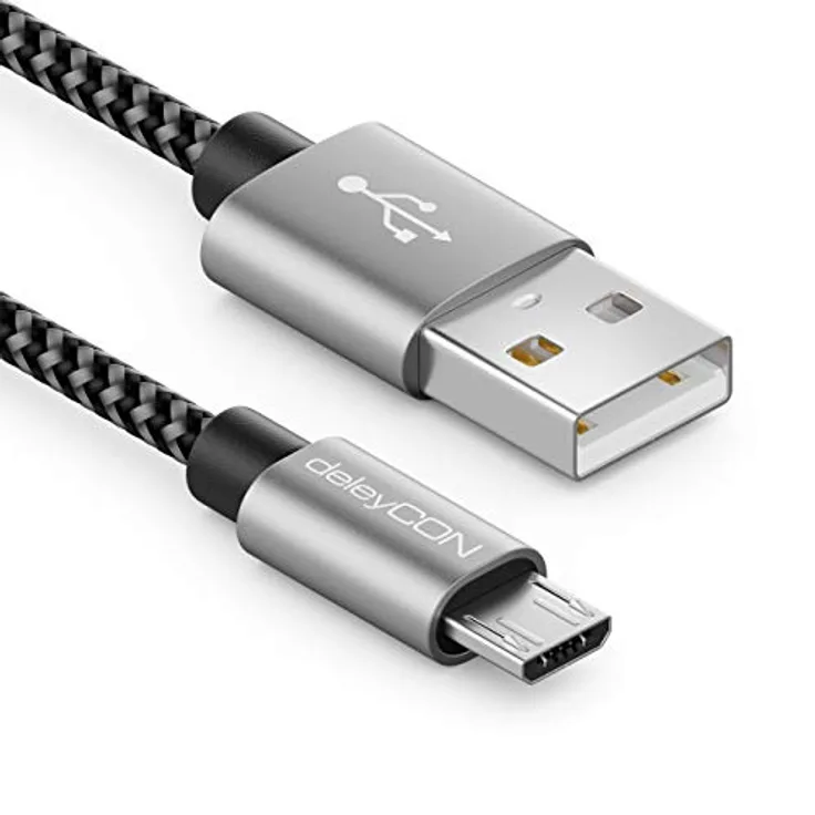deleyCON 1,5m Nylon Micro USB Kabel Ladekabel Datenkabel Metallstecker Schwarz - Laden & Synchronisieren Handy Smartphone Tablet