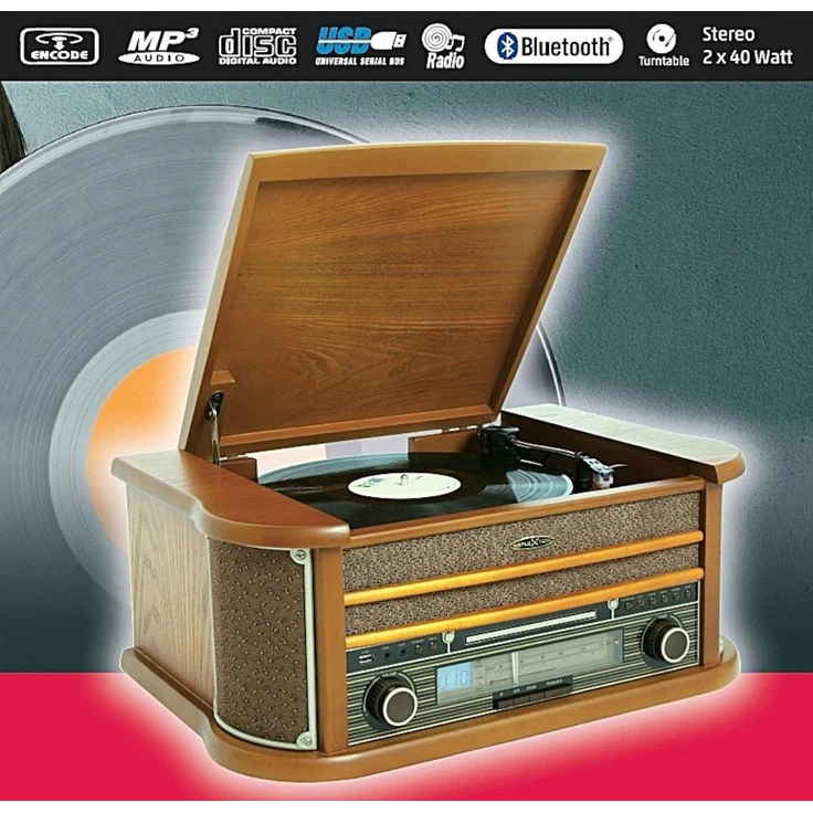 Reflexion HIF2004BT Retro HiFi Anlage, Echtholz-Gehäuse mit Riemenantrieb, CD-Player, Encoding-Funktion und Bluetooth